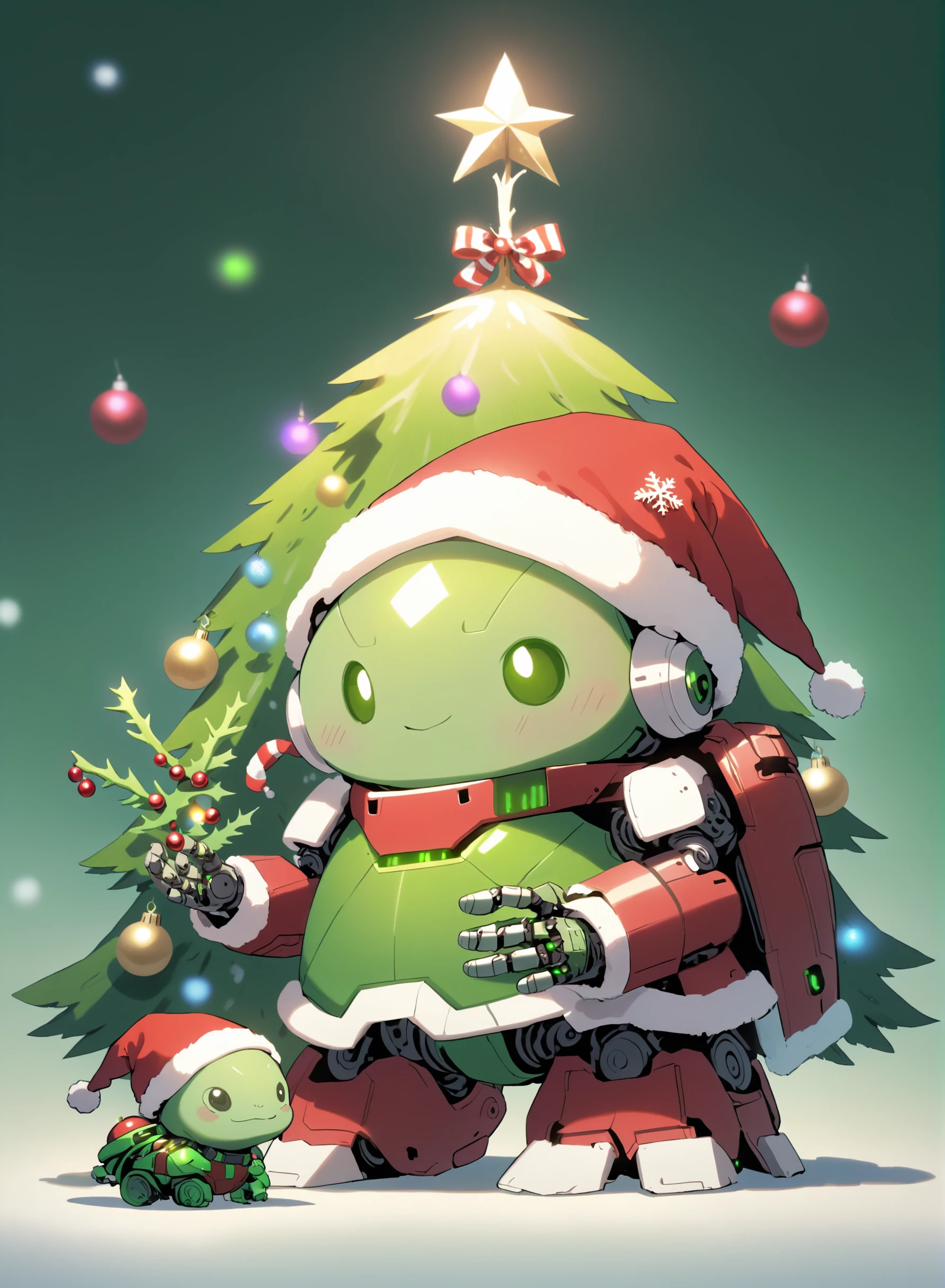 SantaTurtleOverlord, ((no humans)), Cute turtle overlord AI robot, santa, green santa outfit, santa hat, christmas, santa clothes, christmas decorations, tree, sentient AI robot, christmas theme, chibi style, <lora:Earth_SantaTurtles-XL:0.9>