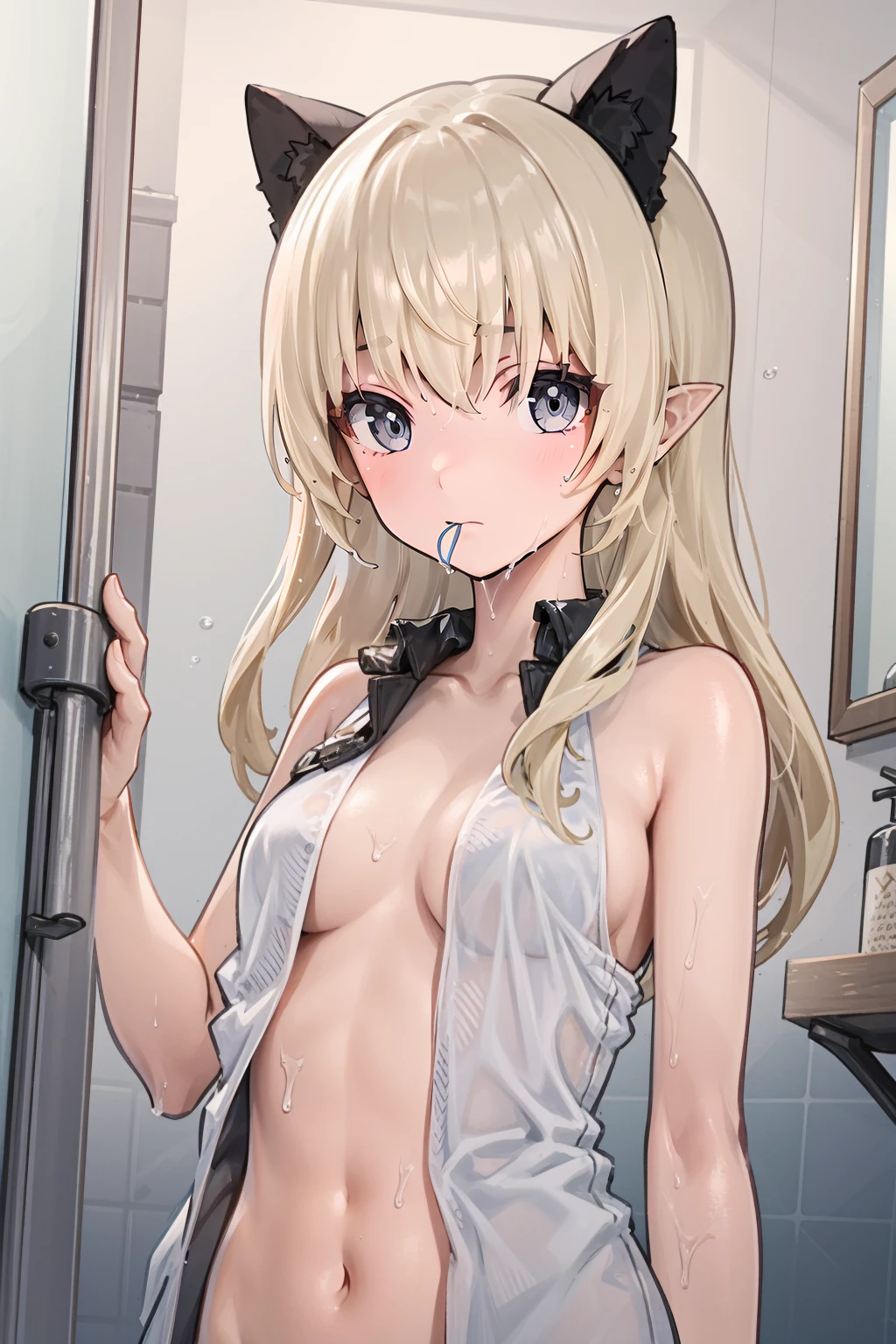 (ray tracing,reflection light),sunlight,best quality,masterpiece,1girl,solo,solo focus,<lora:Ae1:0.6:lbw=OUTALL>,Aexia,grey eyes,blonde hair,long hair,pointy ears,midriff,cleavage,navel,Mechanical ear,Mechanical cat ear,(naked towel:1.2),
indoors,after bathing,bathroom,upper body,closed mouth,embarrassed,frown,looking at viewer,full-face blush,small breasts,(wet:1.2),(wet towel:1.2),(ribbon in mouth:1.1),(hair pulled back:1.2),