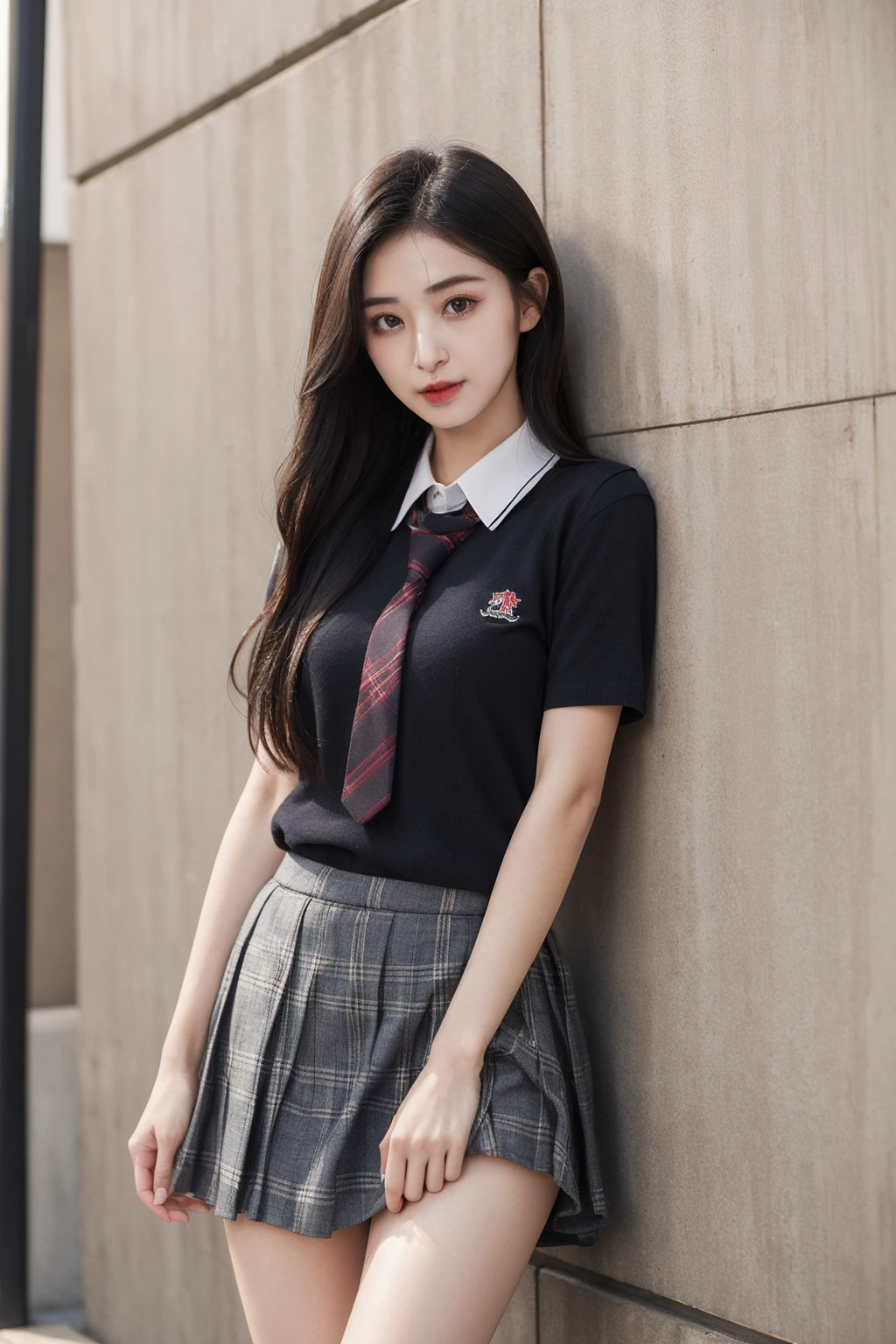 masterpiece,best quality,1girl,upper body,looking at viewer, standing,
school uniform, plaid skirt, short sleeves, tie, miniskirt,
black hair, long hair, small breasts,eyeliner,
ginza,against wall