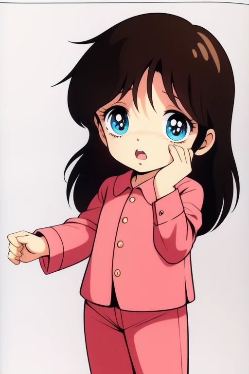 <lora:NonomuraAmi_BeMybaby:1> nonomura_ami, 11 years old, blue eyes, open mouth, long hair, brown hair, standing, pajamas,