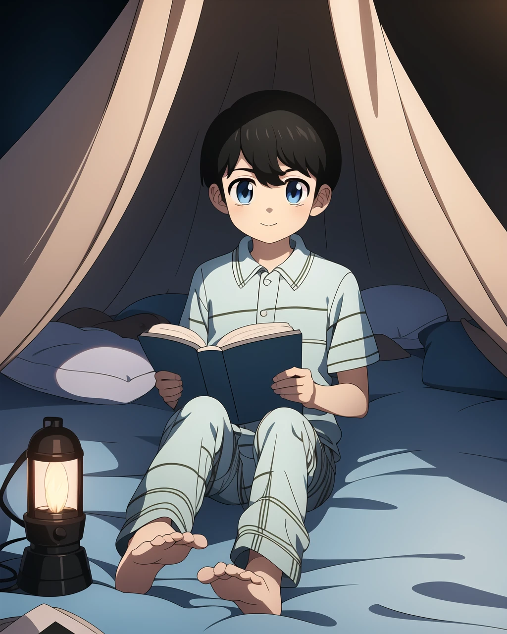 masterpiece, best quality, 1boy, tachibana, blue eyes, pattern pajamas, smile, reading a book, (blanket fort), flashlight, <lora:NaotoV1A2:0.8>,
