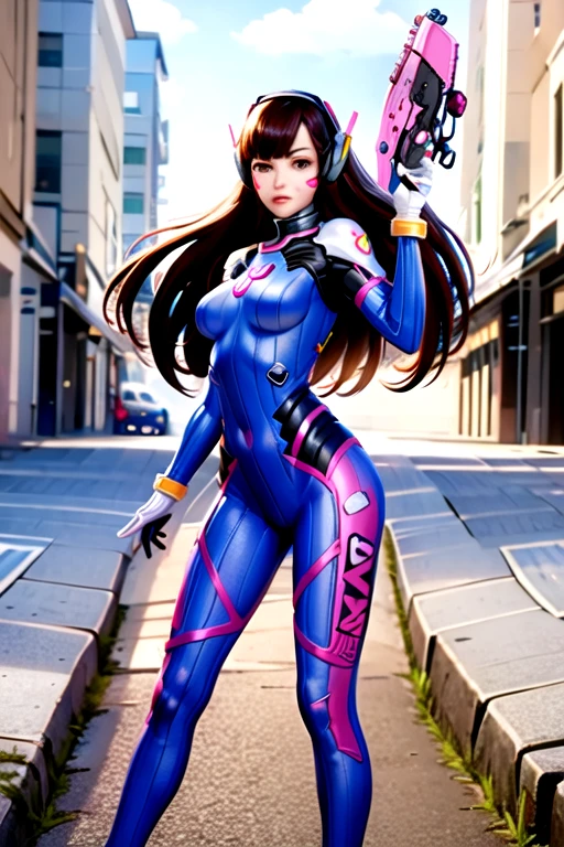(masterpiece:1.2), best quality, masterpiece, highres, perfect lighting,1girl, animal print, armor, bangs, bodysuit, bracer, breasts, brown eyes, brown hair, bunny print, charm \(object\), clothes writing, d.va \(overwatch\), facepaint, facial mark, finger on trigger, full body, gloves, gun, handgun, headphones, high collar, holding, holding gun, holding weapon, lips, long hair, looking at viewer, medium breasts, pauldrons, pilot suit, pink lips, pistol, ribbed bodysuit, shoulder armor, shoulder pads, skin tight, solo, standing, swept bangs, thighhighs, turtleneck, weapon, whisker markings, white footwear, white gloves,<lora:DVA:0.7>