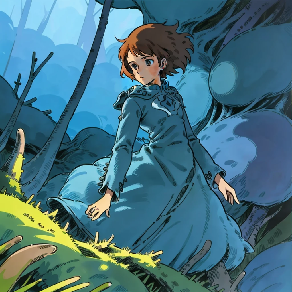 <lora:NausicaaC002:0.7>,
NausicaaC,1girl,
blue dress,
fungal forest,