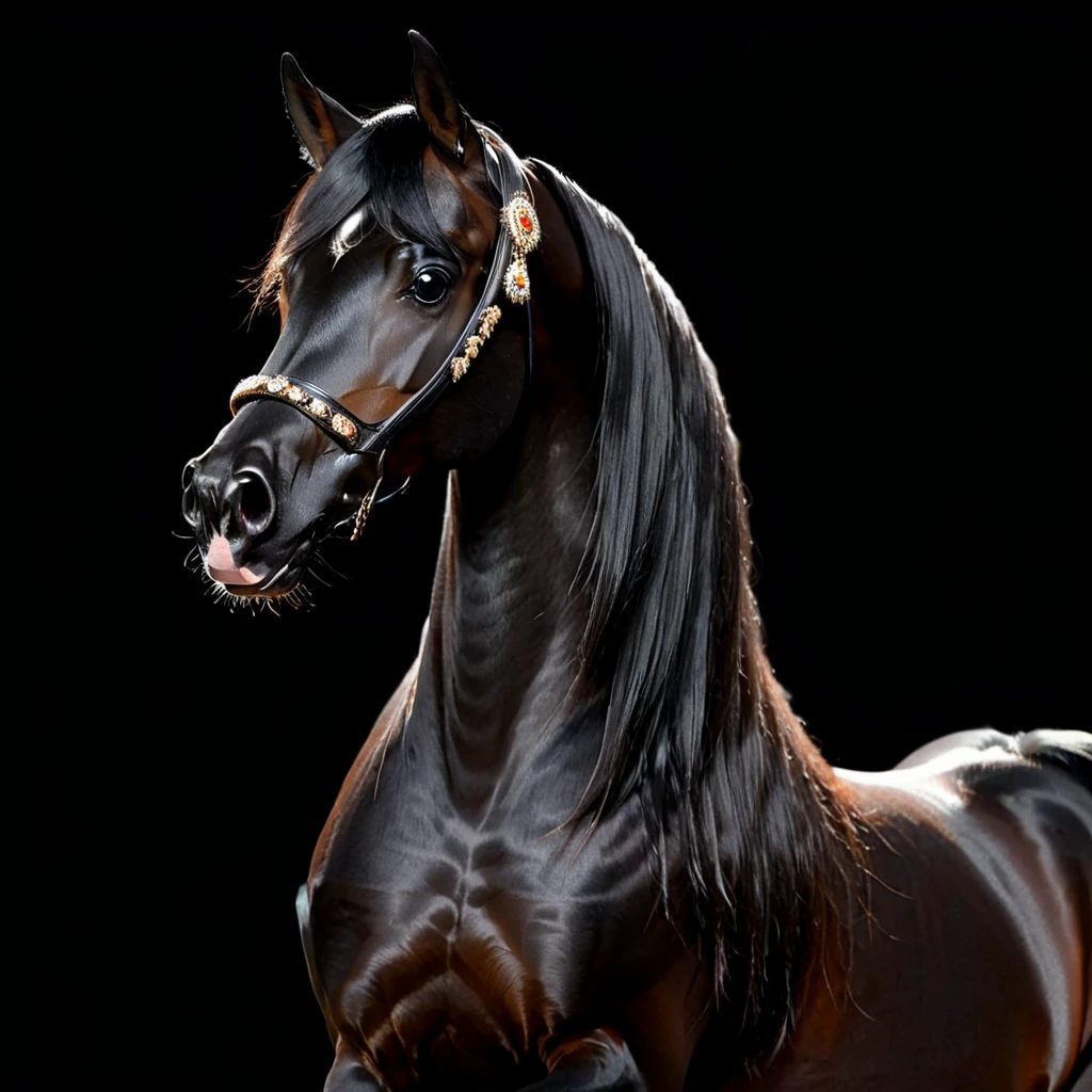 arabian horse, black, black mane and tail, standing, posing, portrait, halter, black background <lora:Horse_Breeds-000012:1>