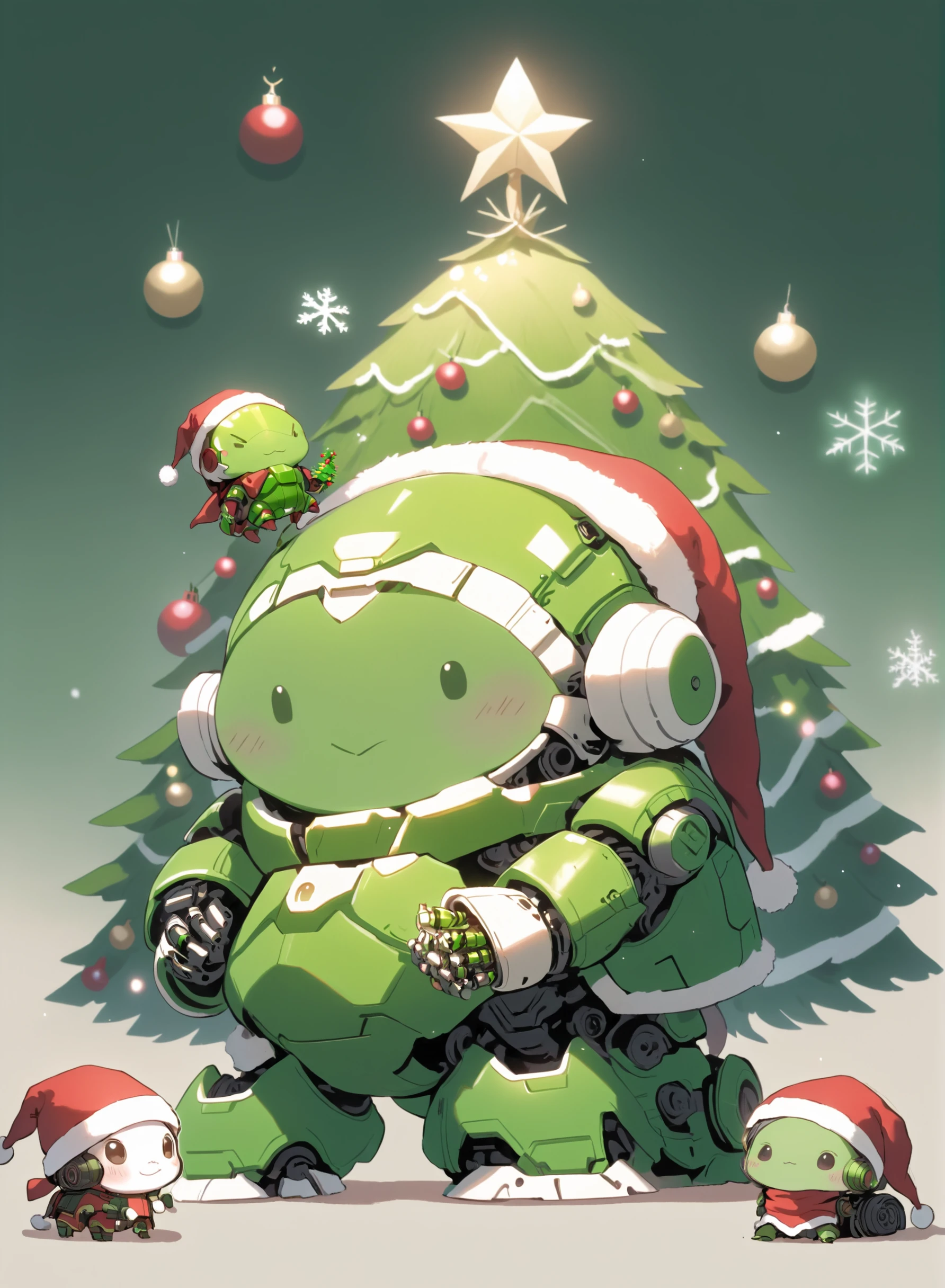 SantaTurtleOverlord, ((no humans)), Cute turtle overlord AI robot, santa, green santa outfit, santa hat, christmas, santa clothes, christmas decorations, tree, sentient AI robot, christmas theme, gchibi style, <lora:Earth_SantaTurtles-XL:1>