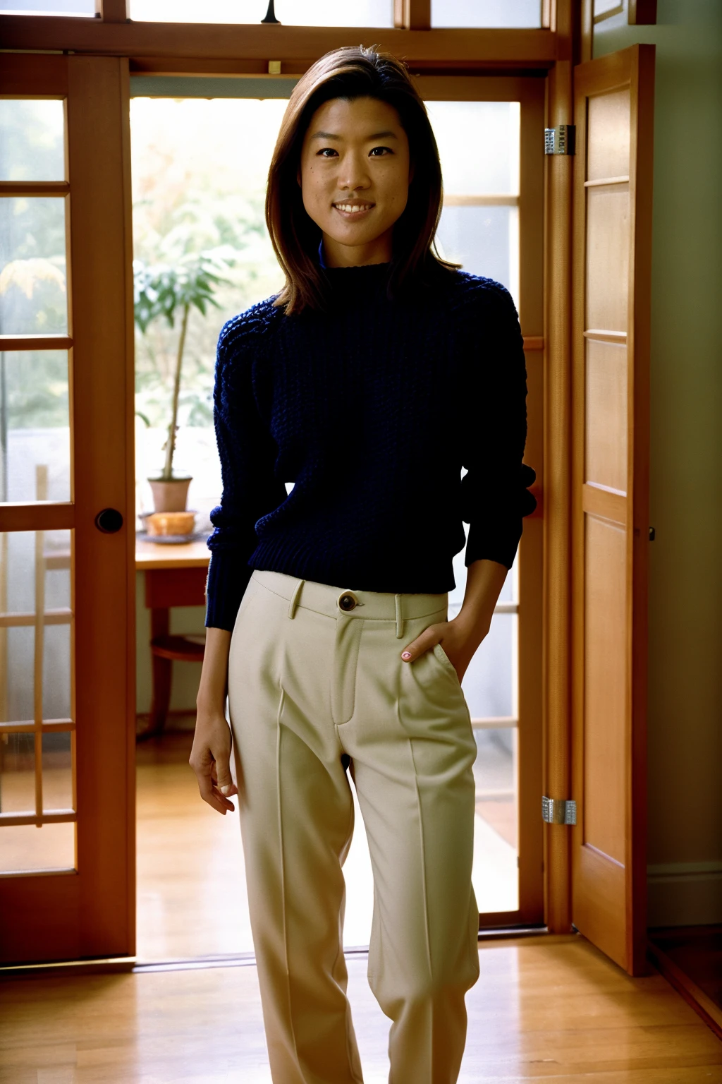 disposable camera photo, 1girl, gracepark, sweater, pants, skin detail, smile, indoors, perfect lighting  <lora:GracePark:1>