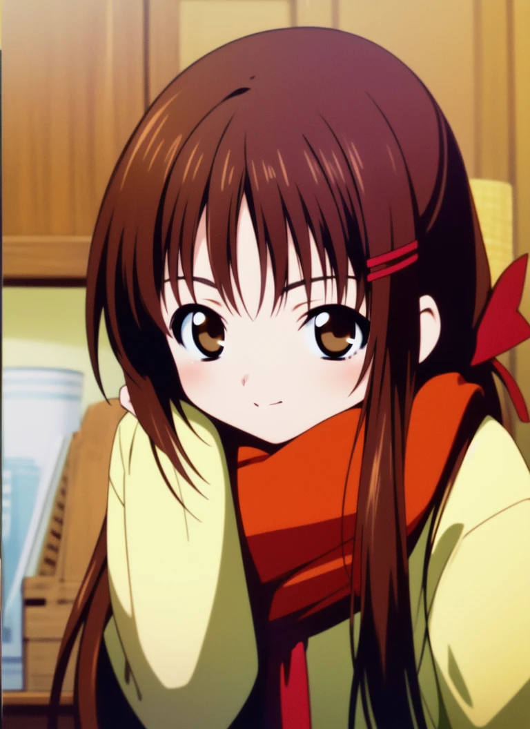 ((((masterpiece)))), high quality, very_high_resolution, large_filesize, full color <lora:HayamiAyumi:1> HayamiAyumi, 1girl, solo, brown hair, brown eyes, scarf, long hair, ponytail, looking at viewer, ribbon, hair ribbon, long sleeves, upper body