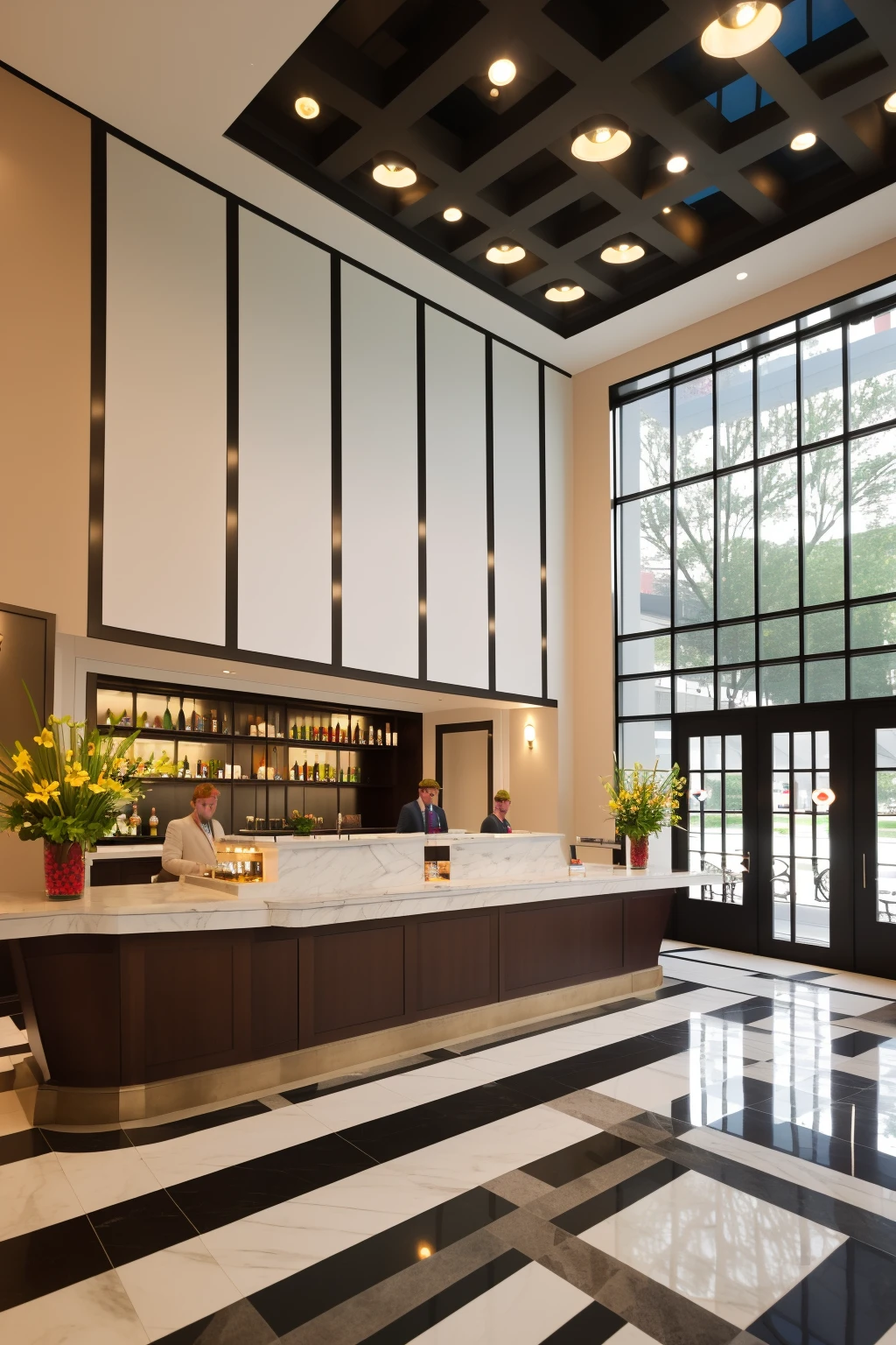 <lora:JJsHotel_v2:1>, masterpiece , best quality, ((hotel lobby)), interior, indoors, window, chair, counter, rug ,flower, plants, ceiling light, no human,