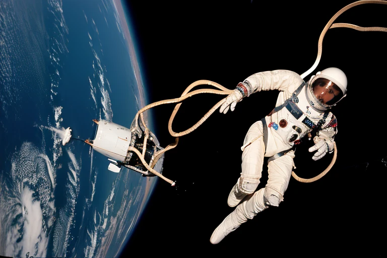 Gemini G4C suit, white, NASA-developed, full-pressure, 1960's IVA suit. Design influenced by David & Clark Co's architecture. Slim-fit, contoured silhouette. Chest-mounted control module, integrated life support systems. Silver thermal insulation layers. Dark blue collar, cuffs, utility pockets,helmet, gold_visor_down, Spacewalk, in orbit, planet, cable, Suited figure, g4c, astronaut, spacesuit solo, <lora:Gemini_Suit:1>