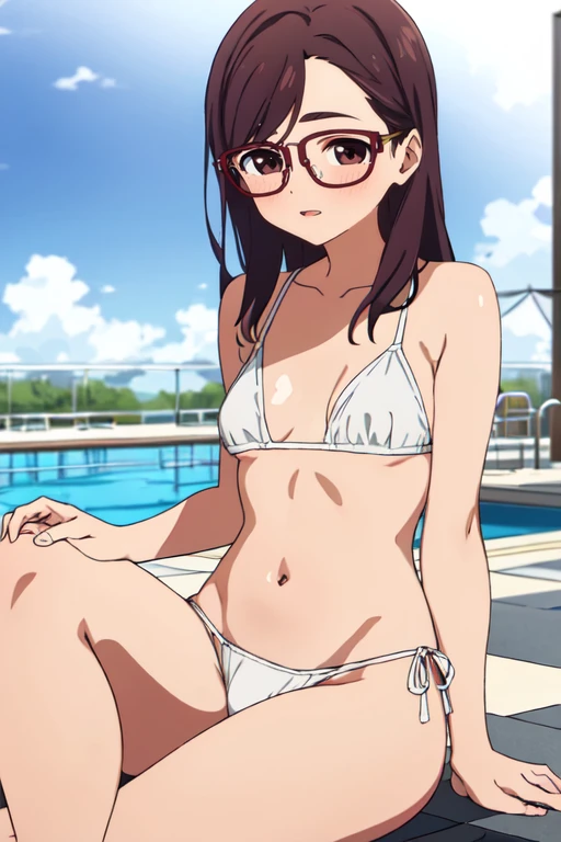 masterpiece, highres, 1girl, <lora:TomonoKojoR4:0.7>, TomonoKojoR4, brown eyes, brown hair, glasses, small breasts, swimsuit, pool