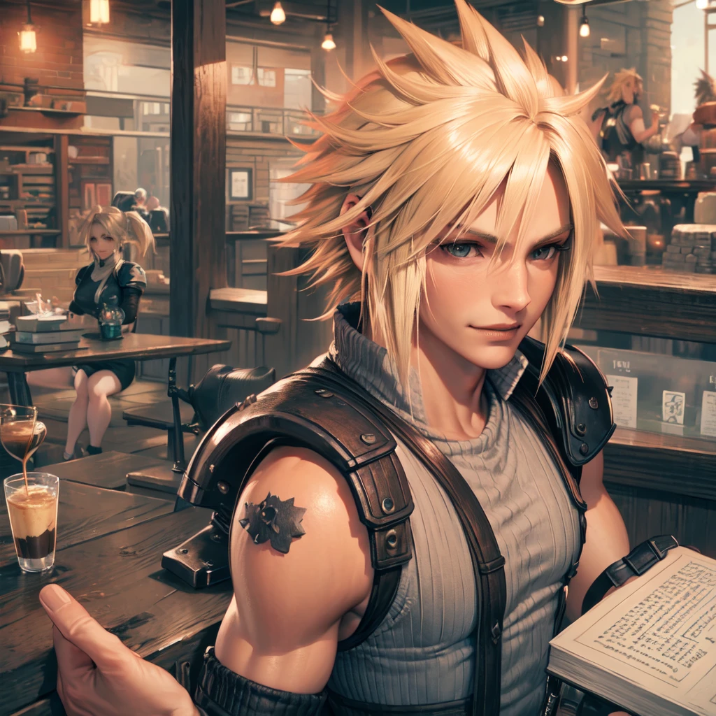 cloud, from final fantasy 7,


smile, folds, book, coffee shop,  belt ,


