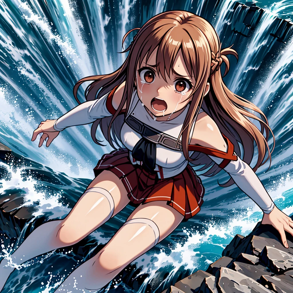 masterpiece, best quality,ultra detail, <lora:anmnr01:0.3> <lora:add_detail:0.5>,<lora:GoodHands-vanilla:0.8>,1girl,flash effect,floating feathers,from above,open mouth,facing at foot,ocean,big wave,cloud, <lora:RiderKick:0.8>,rider kick,rider belt,strong wind,lightning, <lora:Commission_Makoto-v1:0.7>,misaka mikoto,swimwear