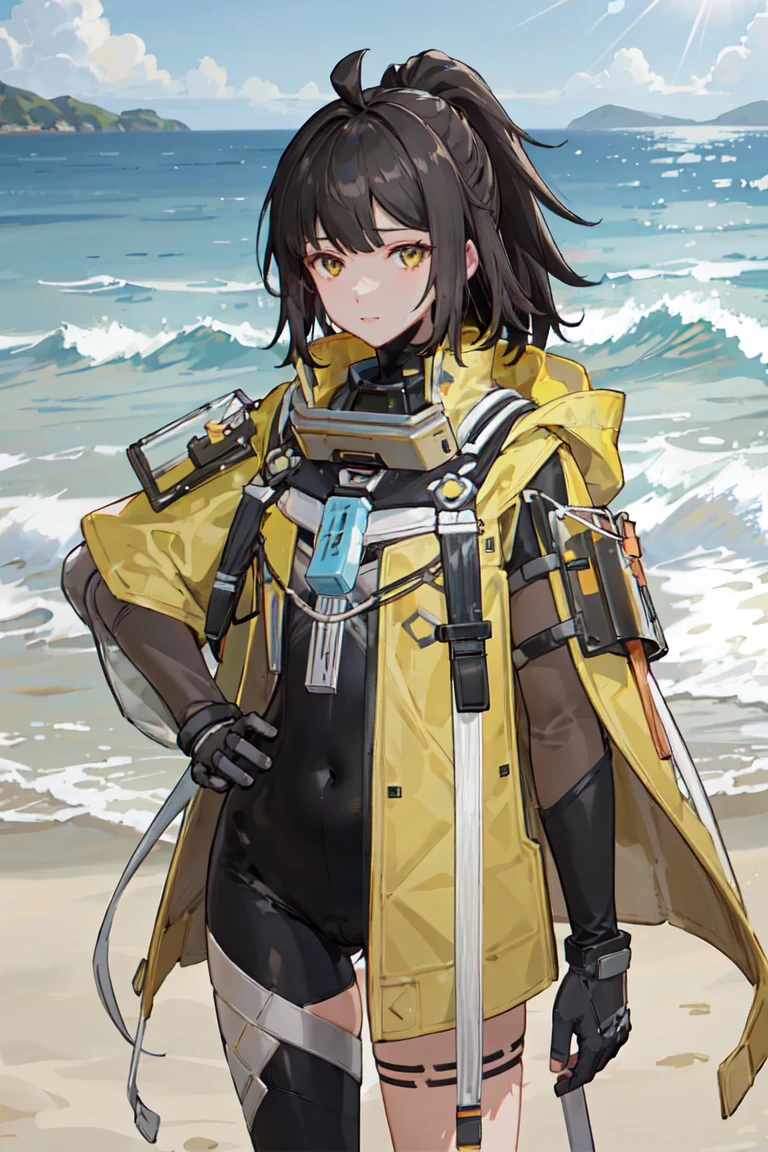 cowboy shot,  SIRIS, yellow_tactical_jacket,  bodysuit_under_clothes, black_gloves, uneven_legwear, thigh_strap, hair_ornament, black_hair, ponytail, ahoge, yellow_eyes, 1girl, solo, standing, hand_on_hip,  looking at viewer, afternooners, beach,sea, dappled_sunlight,  (masterpiece,best quality,beautiful and aesthetic:1.2),    <lora:SIRIS-v1:0.6>