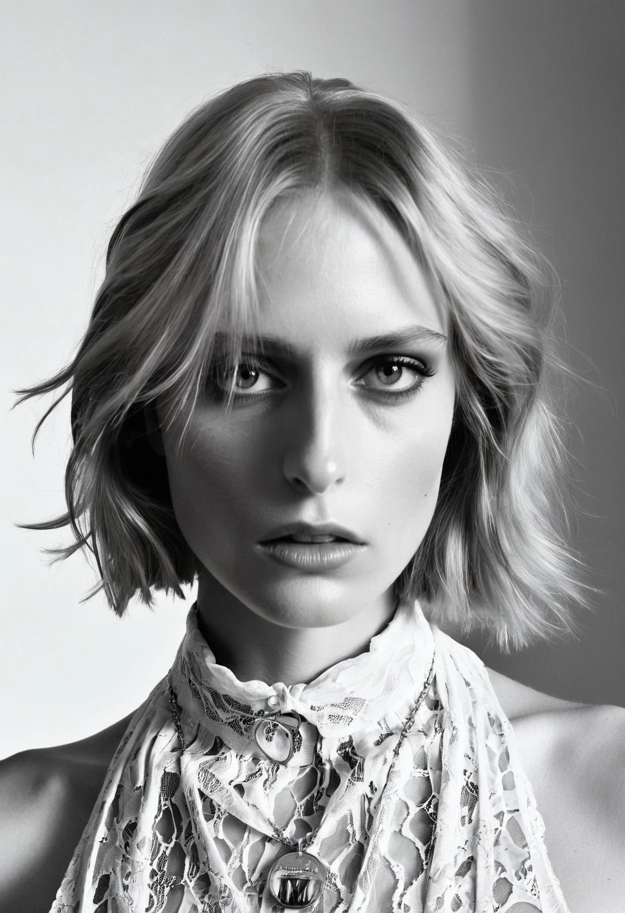 <lora:DollyDyson_SDXL_v1.2:1.25>
((ohwx woman)), (headshot:1.3)
Breathtaking and sophisticated studio headshot photography of an introspective individual, skillfully captured by the acclaimed photographer, Steven Meisel. The upper body shot presents the subject in a serene and contemplative pose, projecting a serene face and deeply introspective eyes. They are adorned in an exquisite Prada Top: Button-down shirt with inverted pleats and delicate lace. The subject's hairstyle is meticulously styled, with sleek and glossy locks falling gracefully around their face. A delicate silver pendant necklace adds a subtle touch of understated detail. The subject is positioned against a backdrop of minimalist architectural elements and soft, diffused lighting, which enhances the overall serene and tranquil atmosphere of the portrait. This portrait, executed with extraordinary attention to detail and influenced by the iconic photography style of Hiroshi Sugimoto, showcases ultra-high detail and captures the subject's contemplative essence with a timeless and sophisticated approach (photography by Steven Meisel:1.1).