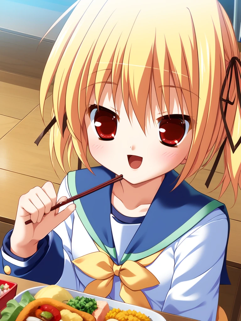 <lora:TakanashiYaya:1>TakanashiYaya, 1girl, blonde hair, school uniform, solo, red eyes, food, chopsticks, bento, hair ribbon, ribbon, twintails, short hair, open mouth, blush, serafuku, feeding, smile