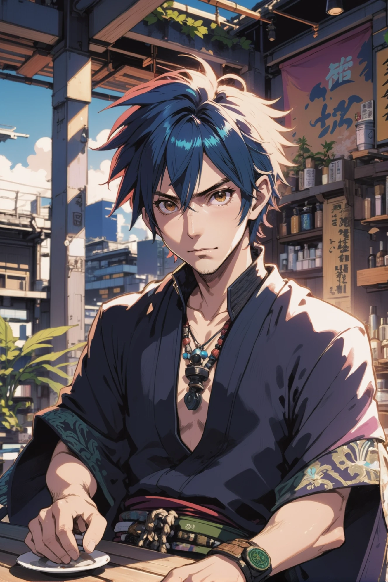 kyotopunk, zukuri, anime style, <lora:EnvyKyotopunkXL01:0.7><lora:EnvySendNoodzXL01:0>1boy, man, ruggedly handsome, natural sunlight, interior, in a Bohemian Rooftop terrace cafe<lora:EnvyBetterHiresFixXL01:0:hr=1>