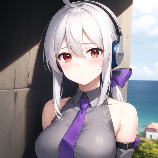 ((masterpiece)),(best quality),official art,extremely detailed CG,unity 8k wallpaper,ultra detailed,A lighthouse on a cliff by the sea,1girl,solo,upper body,(portrait:1.2),yowane haku,grey shirt,red eyes,very long hair,detached sleeves,black pants,black sleeves,ahoge,navel,headphones,white hair,blush,low ponytail,belt,grey hair,ribbon,purple necktie,large breasts,looking at viewer,sad,<lora:Yowane Haku(vocal)>,