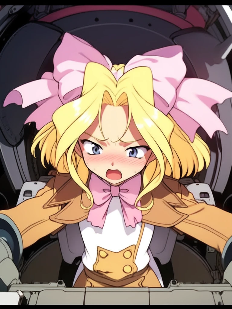 <lora:IrisChateaubriand:1>IrisChateaubriand, blonde hair, solo, 1girl, bow, blush, ribbon, open mouth, cockpit, mecha, hair bow, robot, long sleeves, hair ribbon