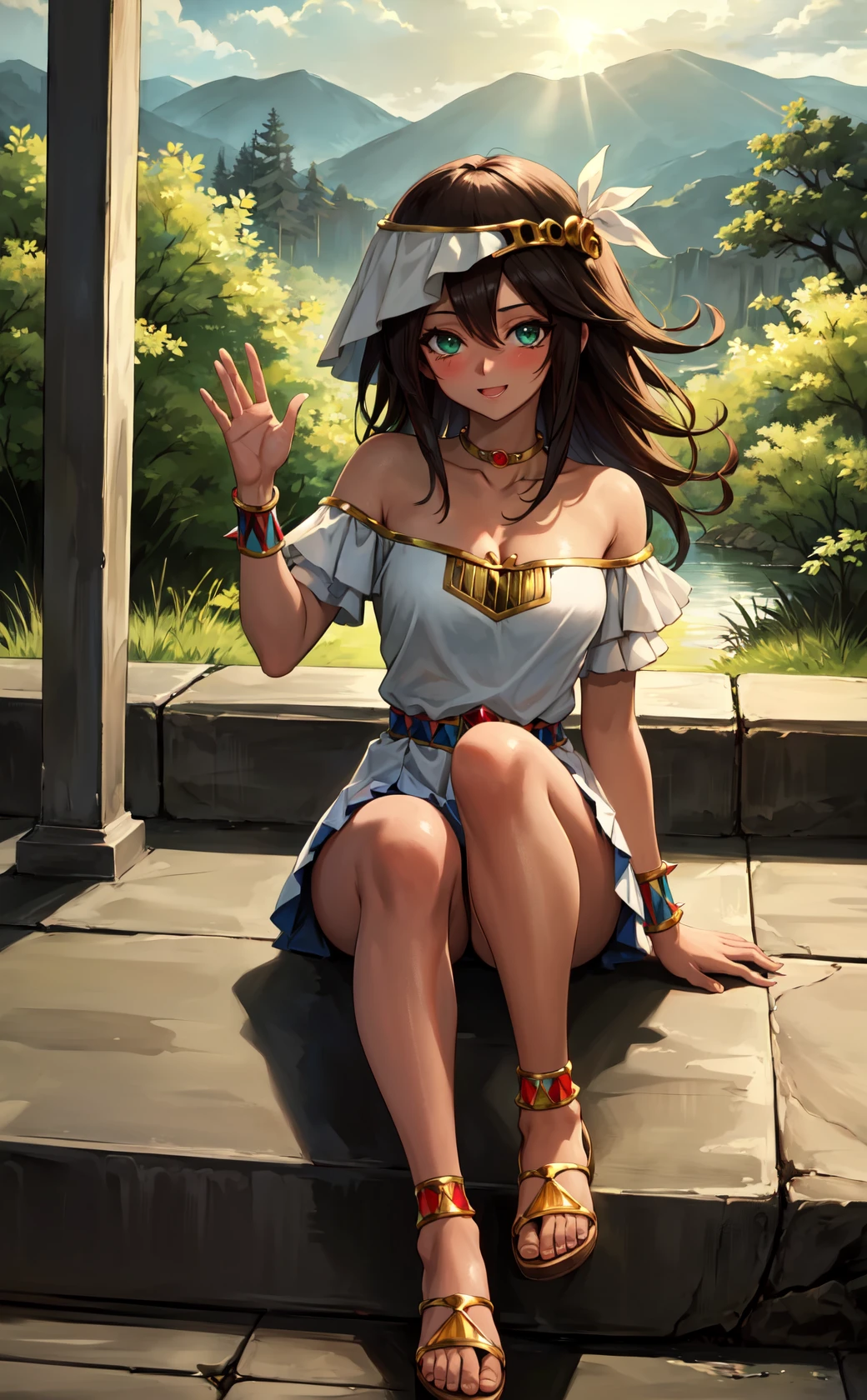 masterpiece, best quality, highres,
1girl, solo, looking at viewer, sitting, long hair, spiked hair, breasts, sandals, skirt, brown hair, green eyes, dress, cleavage, bare shoulders, jewelry, medium breasts, choker, dark skin, necklace, off shoulder, dark-skinned female, neck ring, egyptian, egyptian clothes, <lora:LoRA_Mana:1>, forest, sunlight, cloudy, waving, laughing, blush,