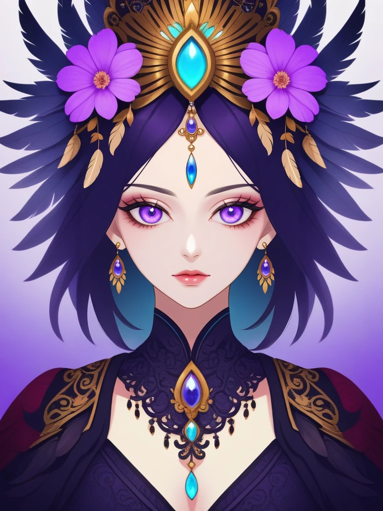 <lora:shiny_style_xl-turbo:1>A mesmerizing digital portrait of a charismatic woman with piercing violet eyes, adorned in an ornate headdress, surrounded by vibrant blossoms and delicate feathers