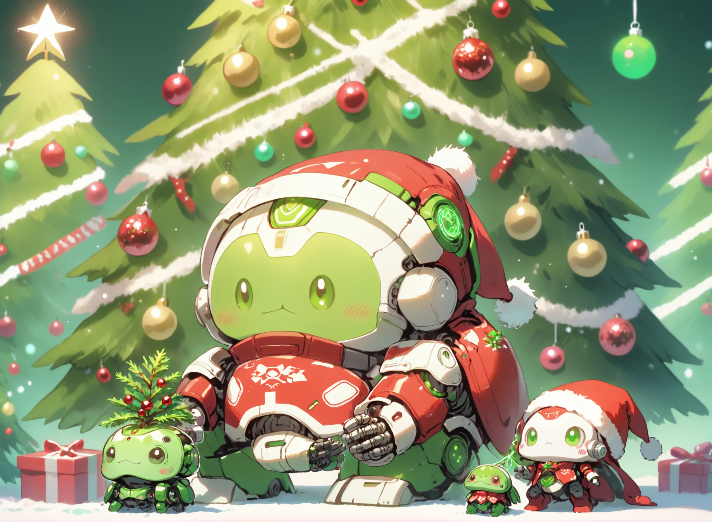 SantaTurtleOverlord, ((no humans)), Cute turtle overlord AI robot, santa, red santa outfit, santa hat, christmas, santa clothes, christmas decorations, tree, sentient AI robot, sentient robot tree, brilliant vibrant green duotone themes, christmas theme, hololive vibes, vtuber vibes at christmas, green and red themes, christmas theme, extremely detailed, super kawaii, desktop wallpaper, sentient robot turtle in front of a christmas tree, adorable laser sci fi christmas turtle with robot armor and green lasers, chibi style, created by artificial intelligence and love and adoration for the christmas spirit, the turtles name is maycein, specular highlights, specular reflection, ultrasharp, retro anime style , <lora:Earth_SantaTurtles-XL:1>