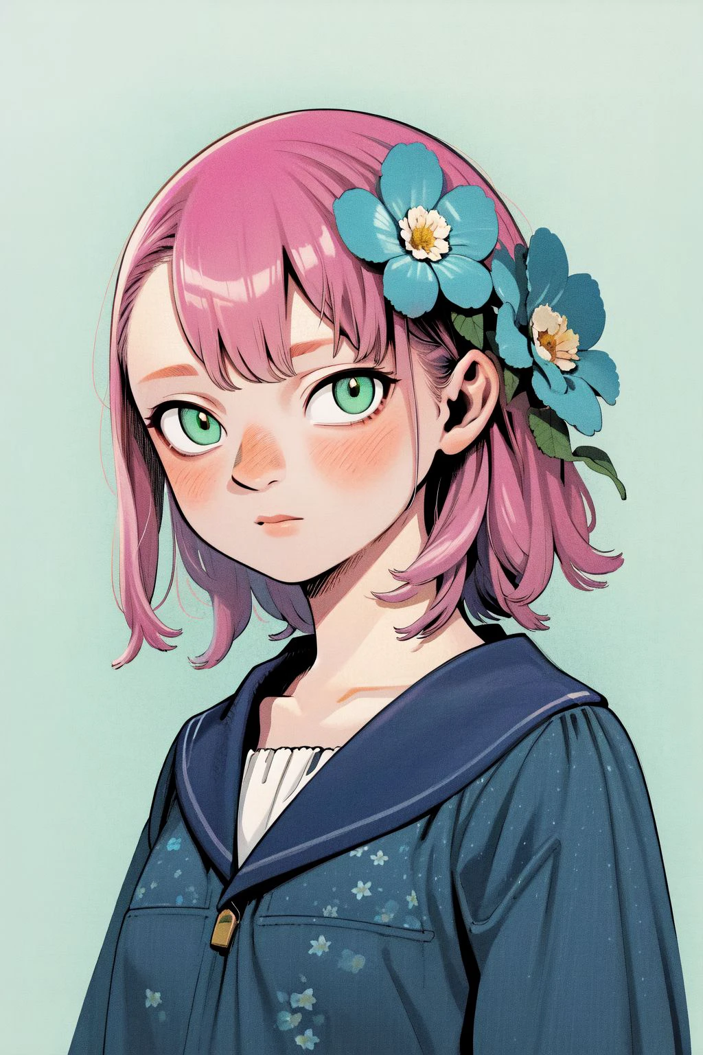 upper body, solo, 1girl, grimace, pink hair, very short hair, light green eyes, frontlighting, Blue_Lace_Flower \(flower\), floral background <lora:Kui_Ryouko_style_v02.10.10.03:1>