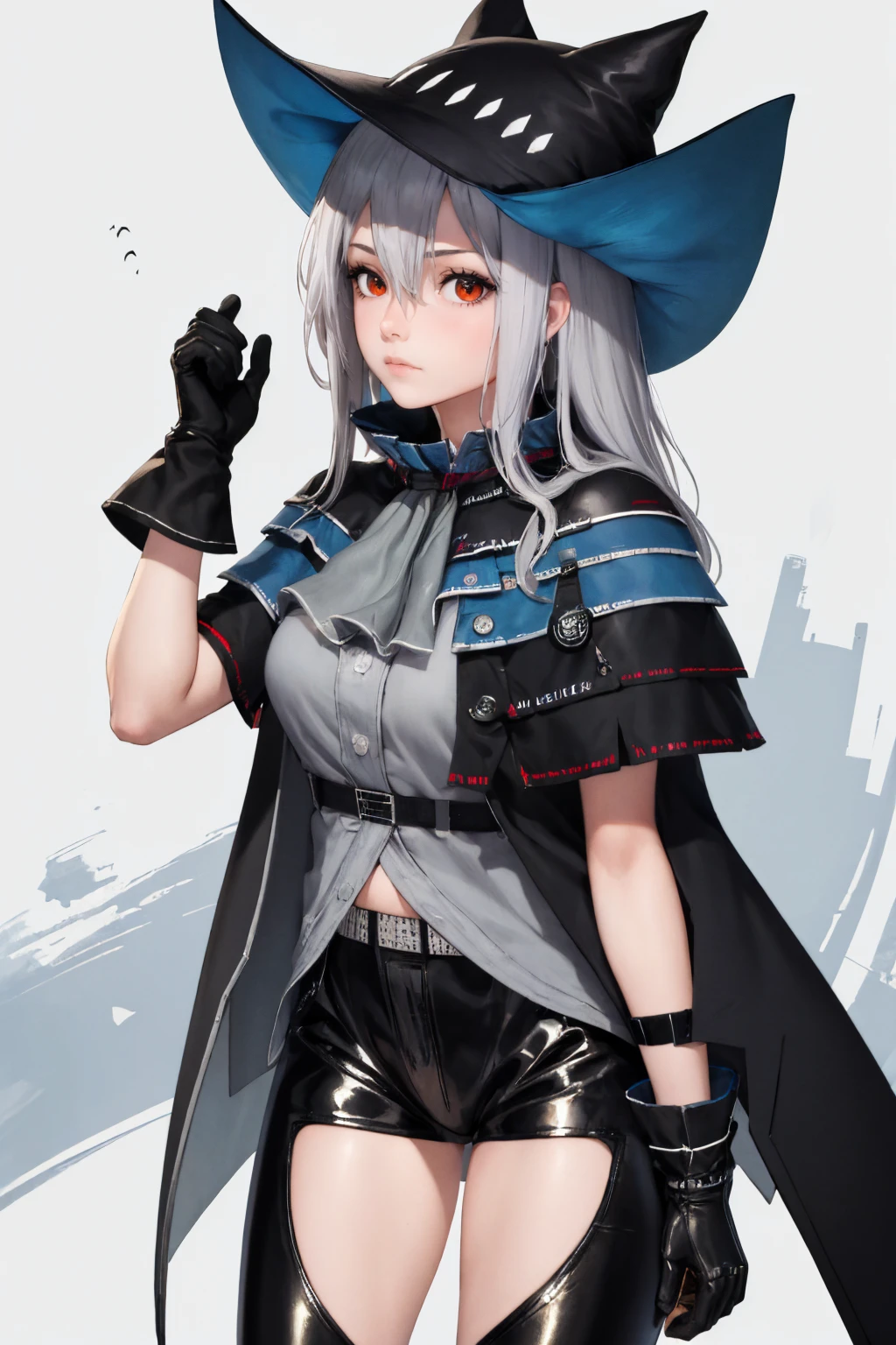 (masterpiece, best quality:1.2), solo, 1girl, skadidef, expressionless, looking at viewer, hat, grey shirt, ascot, black capelet, gloves, black pants, clothing cutout, thigh cutout, belt <lora:arknights_skadi:1> <lora:Outfit_InnerThighVents:0.8>