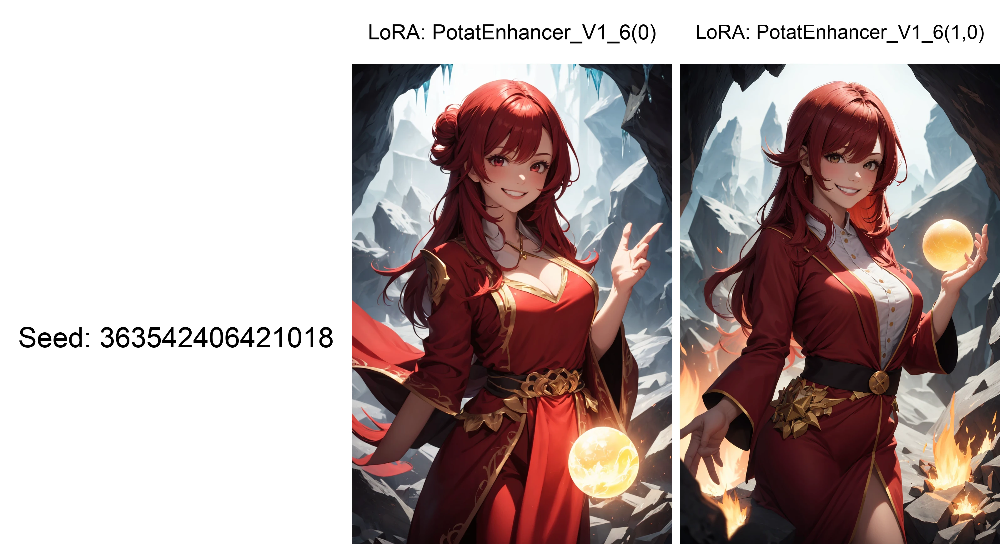 (best quality:1.15),1girl, magician, flaming magician robe, holding shiny orb, grin, ice shards floating, red hair, cavern,