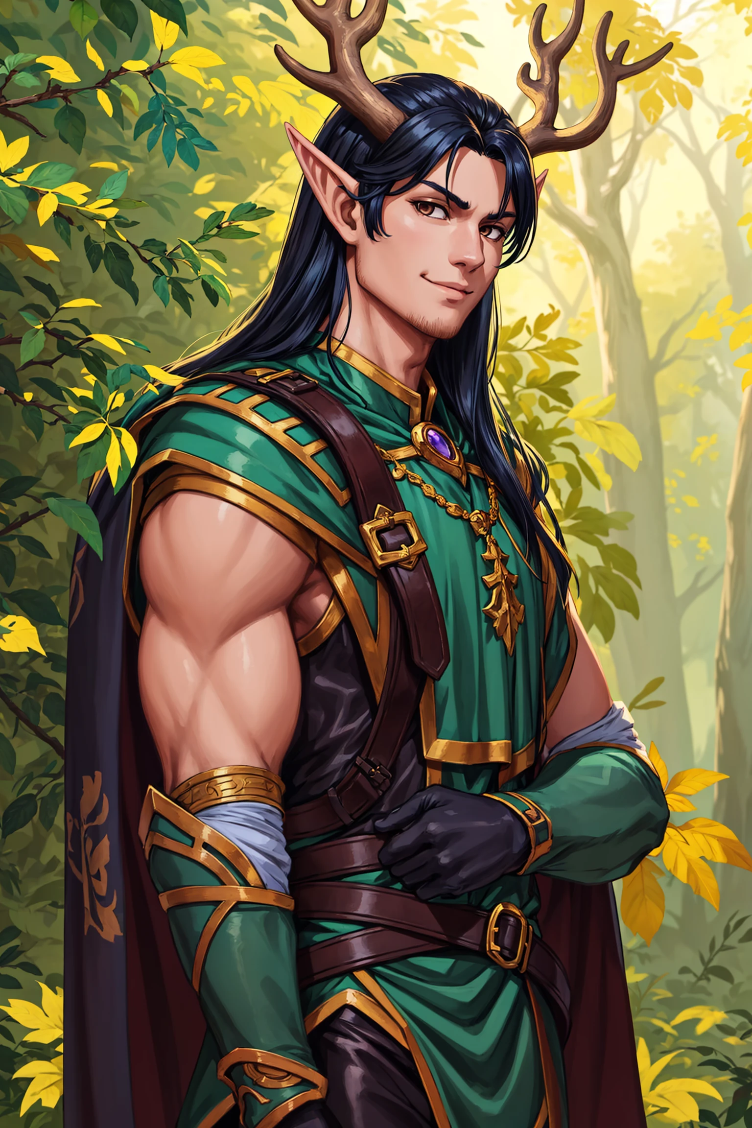 masterpiece, best quality, highres, extremely detailed, (cg illustration),
((1boy as manly elf with pointy ears and deer antlers and long black hair)) and
detailed face and glossy detailed brown eyes,
forest, summer leaves,
(painterly, depth of field), fine details, authentic, cowboy shot, medium shot,
(solo, male focus, solo focus), face focus,
(he wears green cape and leather tabard and leather bracer and leather pants),
(looking at viewer),determined, confident, light smile,
upright,
(sharp, cel shading), outline, dynamic lighting, toon \(style\), fantasy, baroque, traditional media,
<lora:add_detail:0.3>,