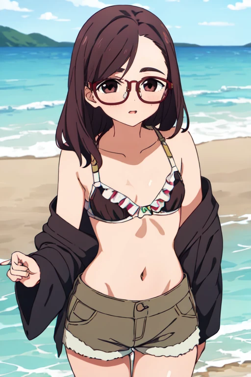 ultra-detailliert, Best Quality, High resolution, ((Two cute little girls with dark hair))、Pretty eyes、Detailed eye depiction、Looking at Viewer, pale skin、(swim wears)、(I'm not wearing panties)、(flat chest), (Glasses), (blush:1.2),(big eye:1.5), An embarrassed smile, NSFW, the beach、Focus on the face、Long hair, bustshot、