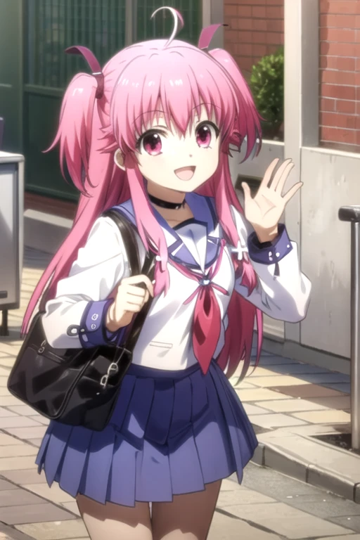 (((pixel-perfect, detail-perfect))), solo, 1girl, <lora:yui-angelbeats-01:0.8>, yui, school uniform, looking at viewer, smile, :d, wave