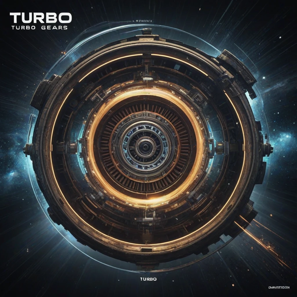 album cover of galactic gears machinery called "TURBO", lightspeed, photons, astrophysics, quantum entanglement, abstract, text that says "TURBO", motion blur