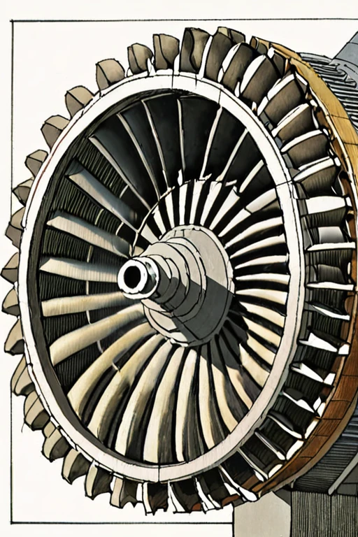 Illustration of a cross section of a jet engine turbine by David Macaulay <lora:David_Macaulay_Style_XL_The_Way_Things_Work-000006:1>