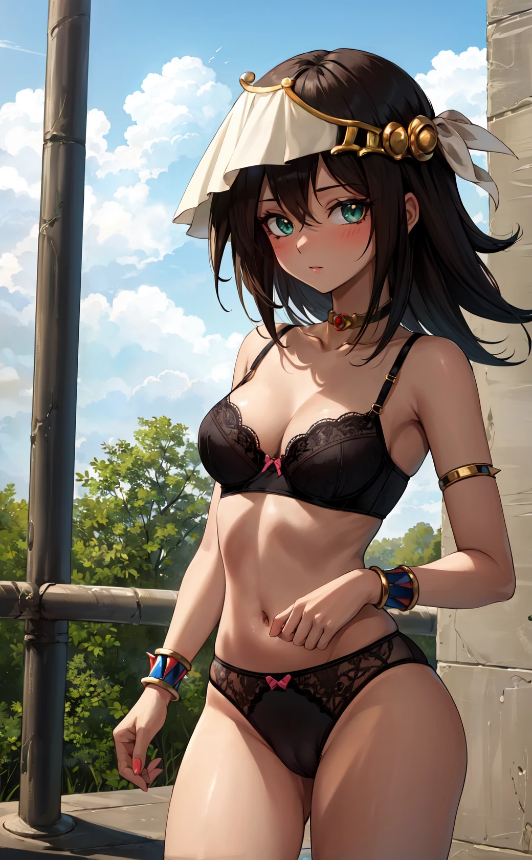 masterpiece, best quality, highres,
ManaDef, 1girl, solo, looking at viewer, cowboy shot, long hair, spiked hair, breasts, brown hair, green eyes, underwear, bra, nude, navel, panties, lace trim, lace, cameltoe, cleavage, jewelry, medium breasts, choker, dark skin, necklace, dark-skinned female, neck ring, egyptian, egyptian clothes, <lora:LoRA_Mana:1>, forest, sunlight, cloudy, blush,