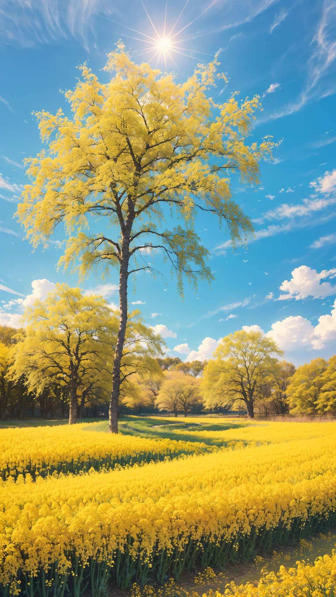 Fantastic,Spring scenery, green trees, (willow: 1.2), garden, (rapeseed: 1.2), outdoors, sky, warmth, white clouds, nature, sunshine,