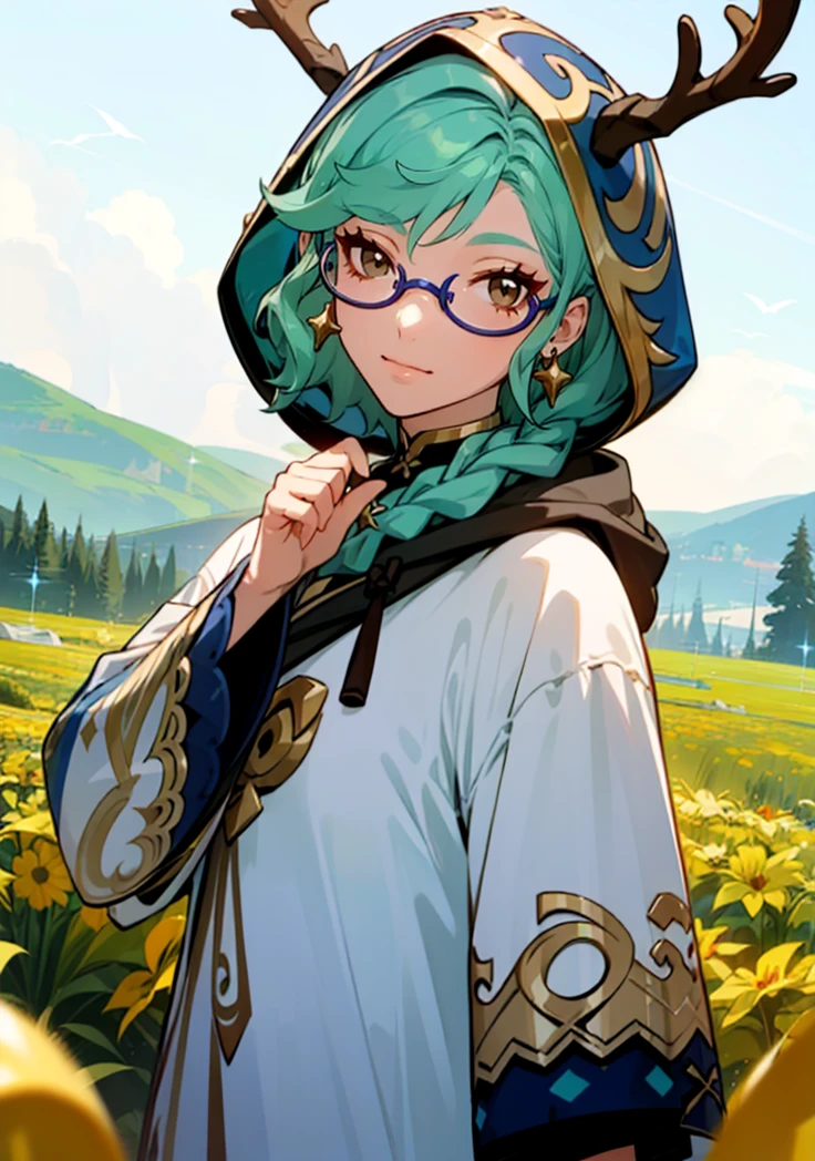 (masterpiece, best quality),(depth) of (field),  <lora:Haypasia_2:0.8> haypasia_(genshin_impact), short_hair, gold_ornaments, glasses, green_hair, brown_eyes, semi-rimless_eyewear, wavy_hair, white and blue clothes, braid, aqua_hair,  <lora:reindeer-outfit-richy-v1:0.8> reindeer costume, hood up, adult