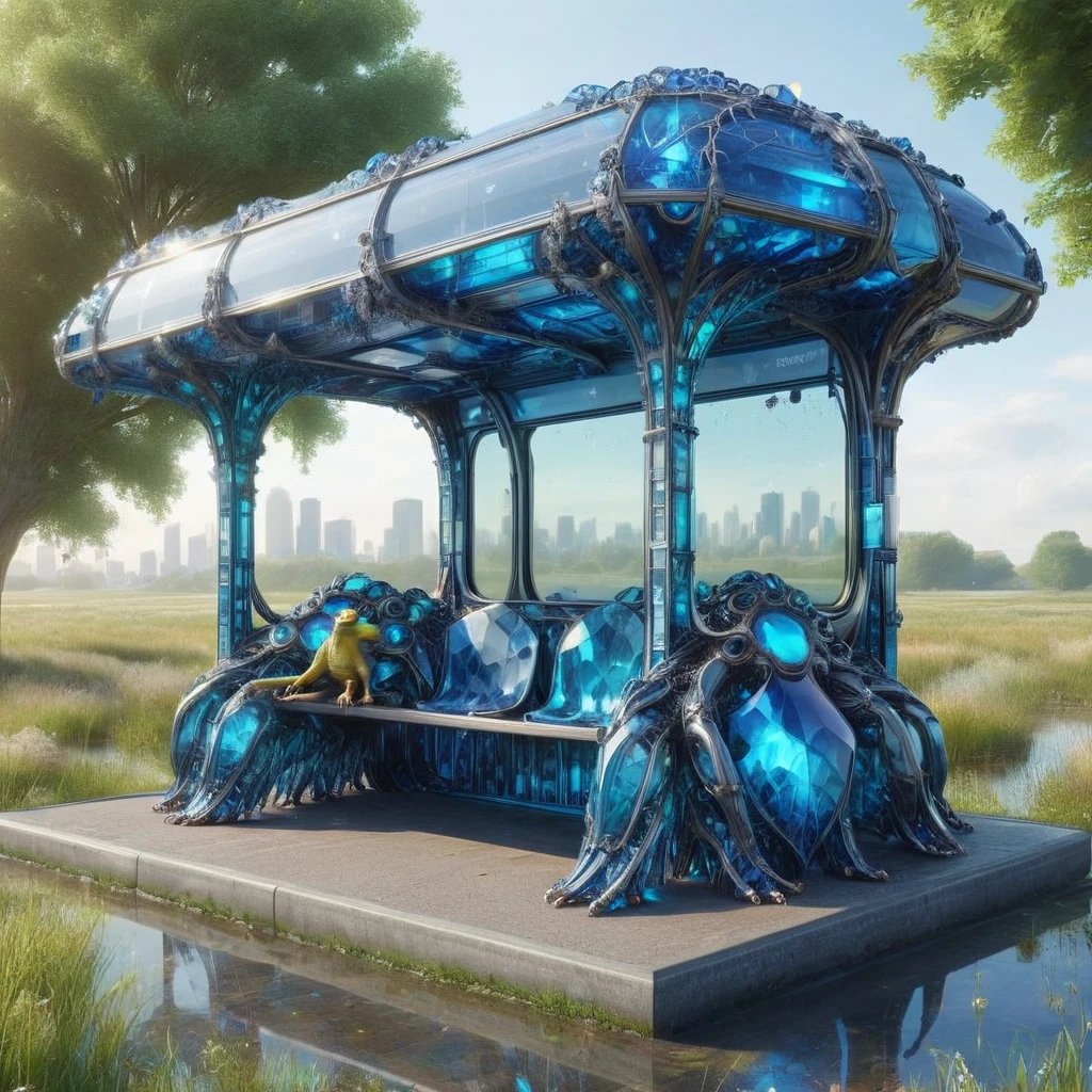 dystopian cityscape bus stop,marshland BREAK <lora:bgst:1>bgst large vibrant mythical spacious amphibian person, octopod decamanual, webbed appendages, quadrifurcated-tailed, bushy-tailed, smooth skin, seraph wings,