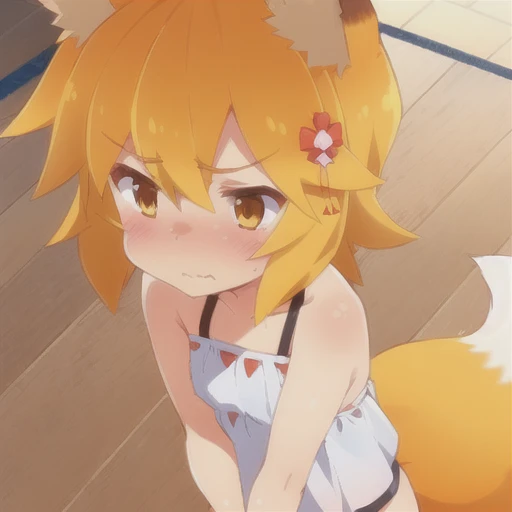 (beach:1.4)
<lora:senko_2023-04-03_nai_no-vae_lr_1e-3_dim64:0.8> sen, blonde hair, 1girl, animal ears, (fox ears:1.1), blush, animal ear fluff, solo, hair ornament, fox girl, hair flower, hair between eyes, short hair, orange eyes,
(thoughtful and very embarrassed:1.4), (holding his chin:1.2), fox tail, tail, (looks at the floor:1.4), looks away
(small swimsuit: 1.2), left angle, costs
<lora:GoodHands-vanilla:1>