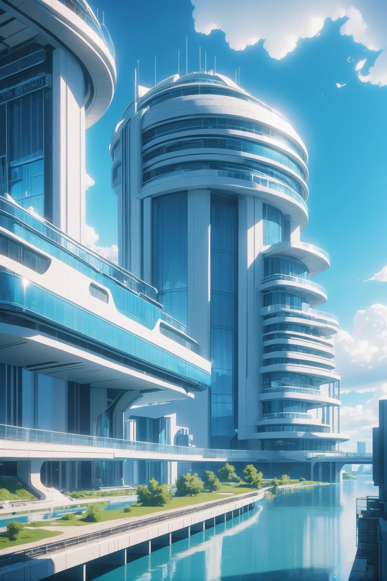 optimistic utopian brutalism, cinematic color grading, noon, blue sky, clouds, scenery,  River<lora:EnvyScifiStreamlineXL01:1>