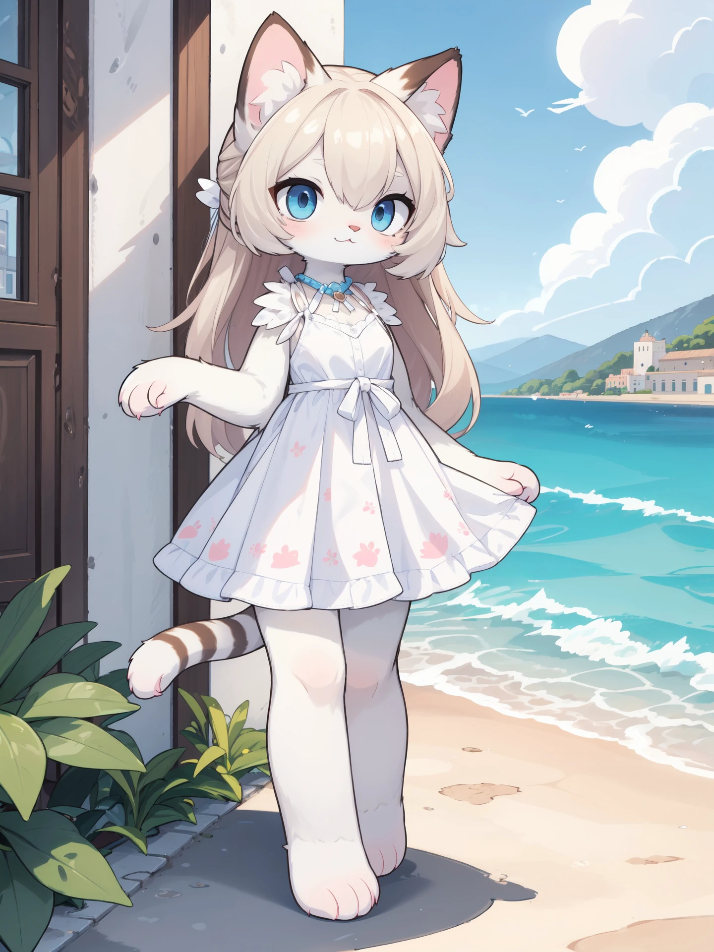 (furry, furry female, cat furry girl:1.2),Sicily background,sundress,sea,sky,white buildings,on road,
cat tail,full body,
<lora:Silicon-landscape-isolation:0.5>,