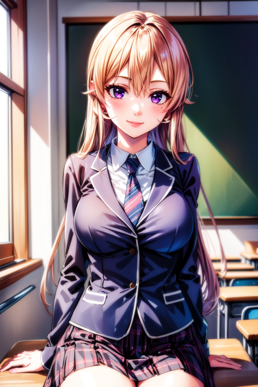 (best quality:1.2), 1girl, (masterpiece:1.2), raytracing, cute face, perfect face, ultra detailed,detailed face, 8k wallpaper, wide hips, <lora:more_details:0.5>, ErinaNakiri_NDV, 1girl, purple eyes, blonde hair, long hair, large breasts, hair between eyes, skirt, jacket, tie, shirt, school uniform,  <lora:ErinaNakiri_NDV:0.7>, smile, sitting, indoor, classroom