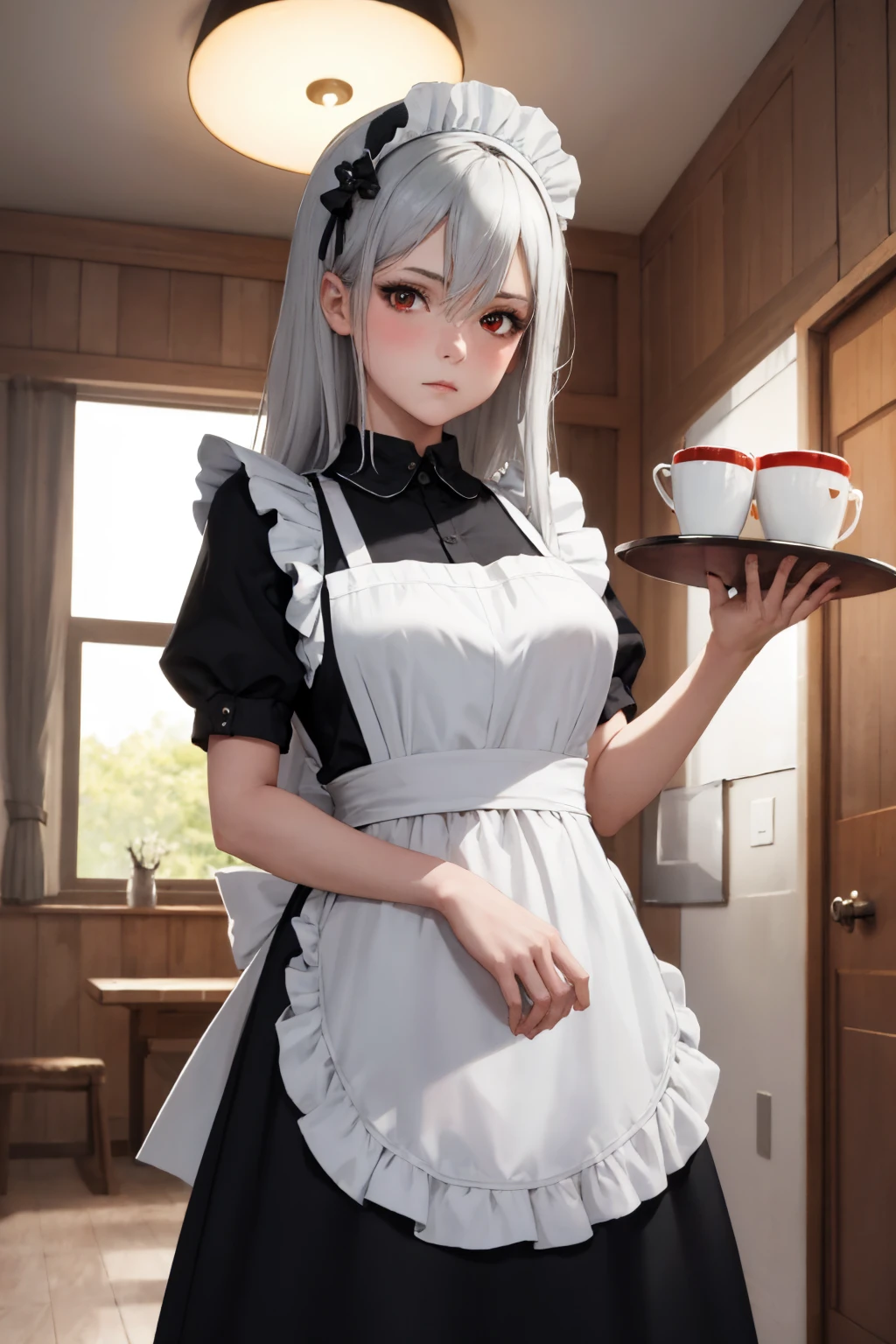 (masterpiece, best quality:1.2), solo, 1girl, skadirnd, expressionless, looking at viewer, holding tray, maid headdress, maid, black dress, maid apron, indoors <lora:arknights_skadi:1>