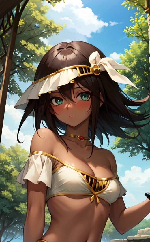 masterpiece, best quality, highres,
1girl, solo, looking at viewer, upper body, long hair, spiked hair, breasts, brown hair, green eyes, bikini, side-tie bikini bottom, yellow bikini, cleavage, bare shoulders, jewelry, medium breasts, choker, dark skin, necklace, off shoulder, dark-skinned female, neck ring, egyptian, egyptian clothes, <lora:LoRA_Mana:1>, forest, sunlight, cloudy, blush,