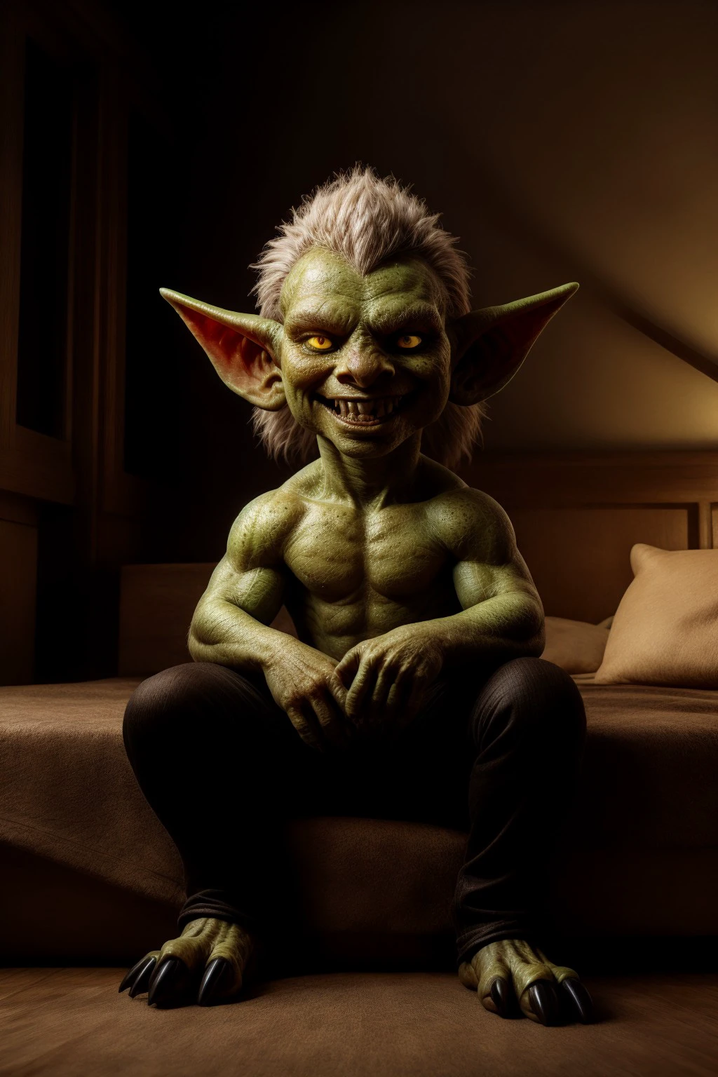 photorealistic unreal 5,octane rendering,Hyperdetaild,photorealistic scary cute goblin,((cute small goblin)),nude,((black pants)),(detailed glowing yellow  eyes),realistic realistic  green skin:1,skinny body,(detailed black nails),evil smile,detailed teeth,full-body pose,sitting on a bed,bedroom,detailed hands,detailed feets,detailed goblin face,(medium long pale white shaggy hair),artstation hd by Greg Rutkowski,Michael William-Adolphe Bouguerea,background,masterpiece,ultra hd,professional photography,raw photo,4k,8k,<lora:add_detail:1>,<lora:polyhedron_skinny_all:1>,from front,looking at side,