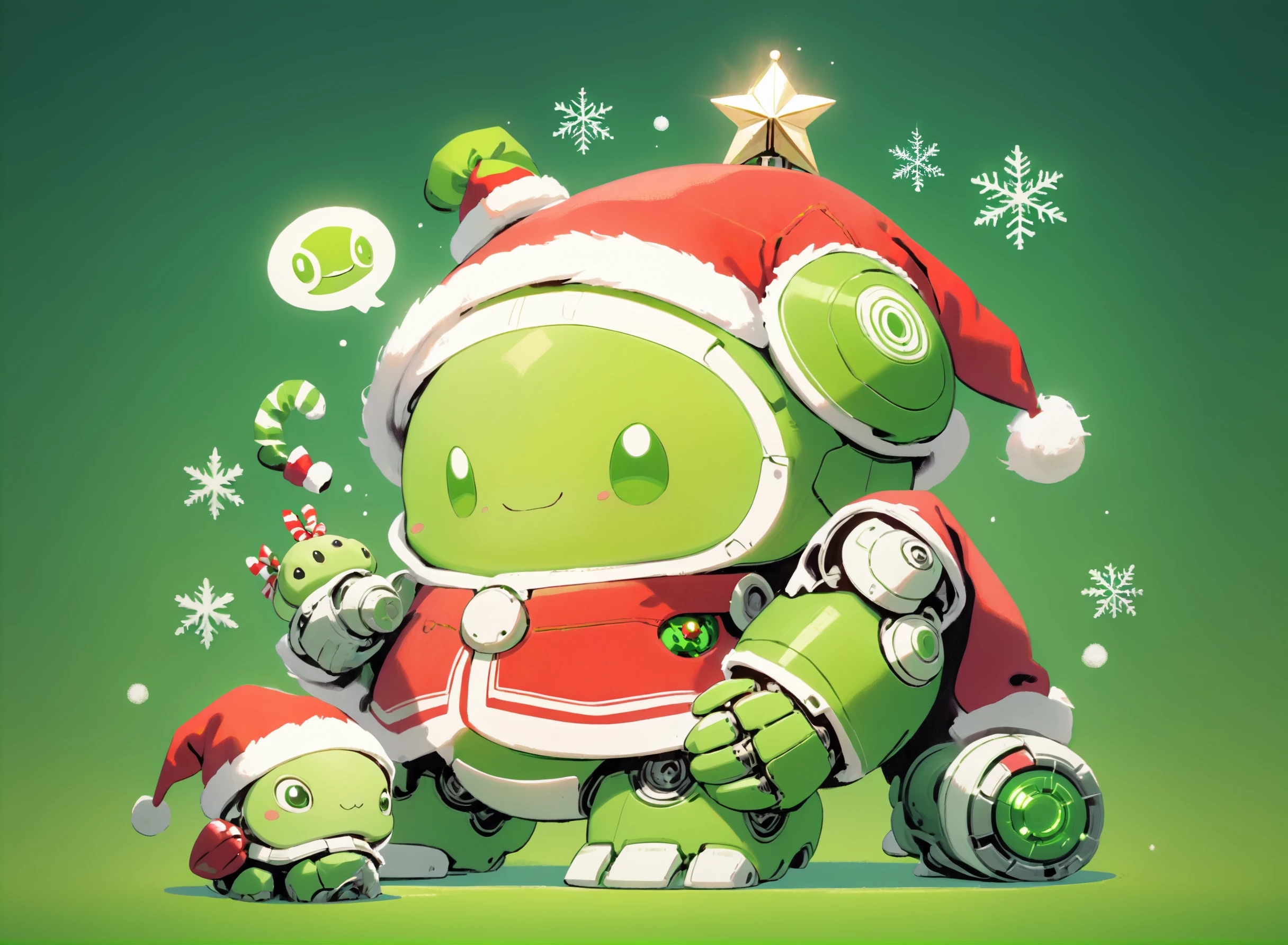 SantaTurtleOverlord, ((no humans)), Cute turtle robot, santa, christmas, santa clothes, christmas decorations, brilliant vibrant green duotone themes, christmas theme , <lora:Earth_SantaTurtles-XL:1>