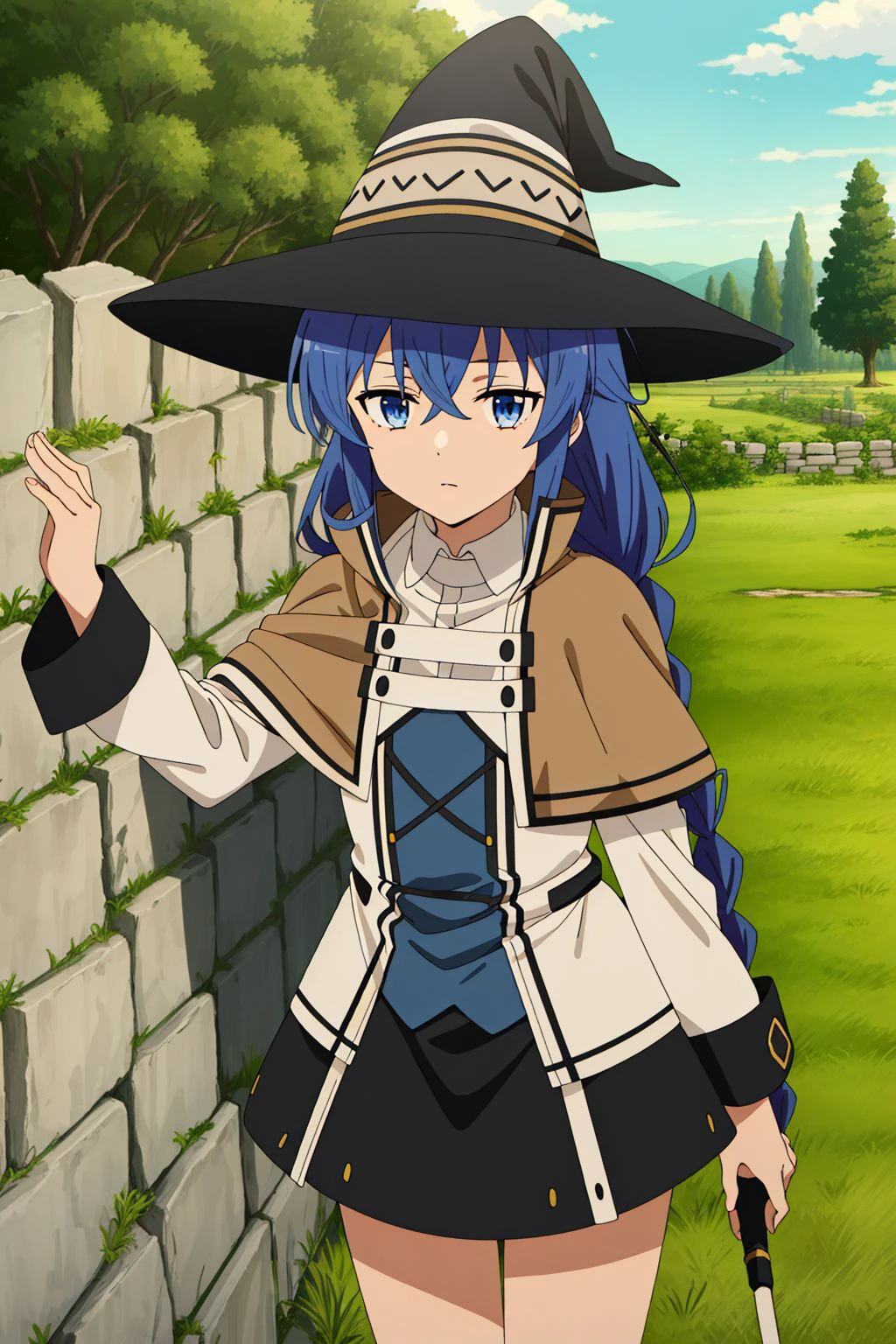 1girl, solo, petite body, roxy migurdia, blue hair, long hair, low twin braids, hair ribbon, hair between eyes, ahoge, blue eyes, small breasts, witch hat, white collared shirt, long sleeves, wide sleeves, white capelet, black skirt, black socks, brown cape, white boots, holding staff, looking at viewer, close-up, (grassland, stone wall, trees:1.45), (masterpiece:1.4), (best quality:1.4), (absurdres:1.0), (intrincate), (full sharp), (extremely detailed:1.5), (exquisite details), (high definition), (anime, anime coloring:1.35), <lora:Roxy Migurdia (Mushoku Tensei):0.7>