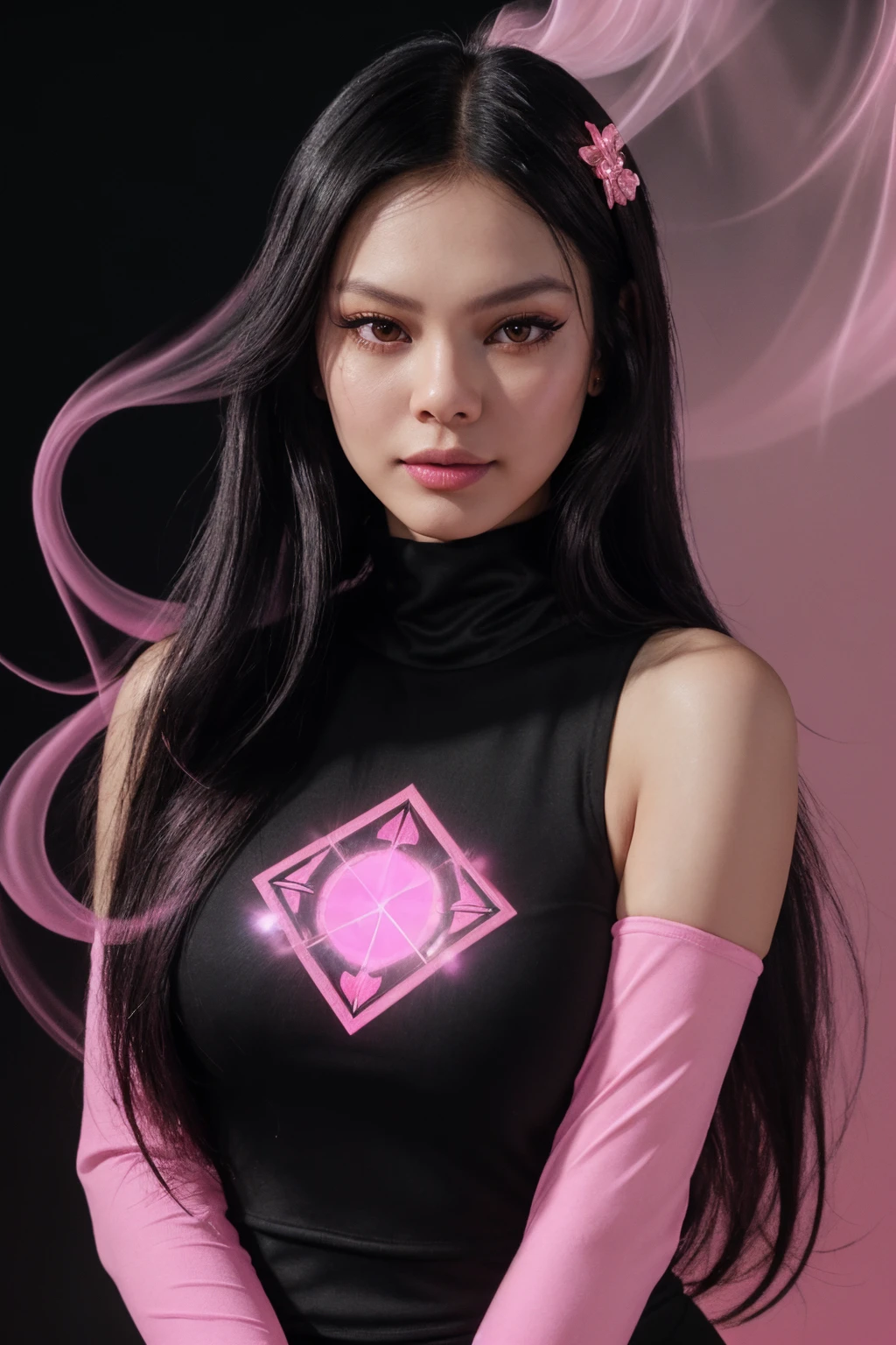 DV_Moo_Vicious ((Black Theme, Black and Pink Backdrop:1.4)) (Close-Up Shot, Face Portrait:1.4) (Black long hair:1.5)  wearing (Black Leggings and a Black sweatshirt :1.3) 35mm, F/2.8 ((Photo Focus, DOF, Aperture, insanely detailed and intricate, character, hypermaximalist, elegant, ornate, beautiful, exotic, revealing, appealing, attractive, amative, hyper realistic, super detailed, heresy flares)) (smiling at viewer)(volumetric pink smoke:1.3) (pink lens flare:1.2)(sharpness:1.3)(details:1.3)