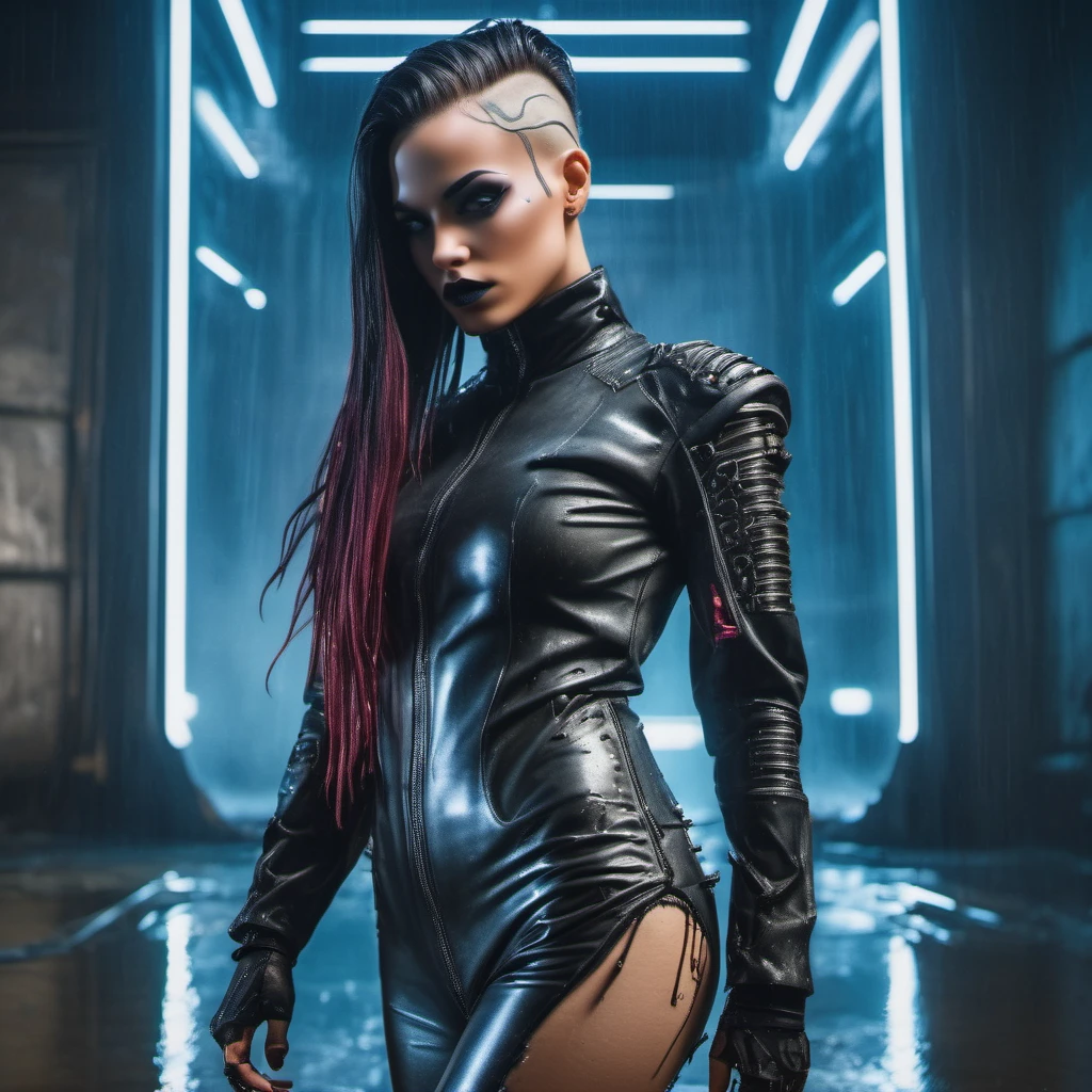 establishing shot photo of gothic Arab Cybergirl, military punk style, long hair, sharp background, water, particles, reflections, refraction, 4k