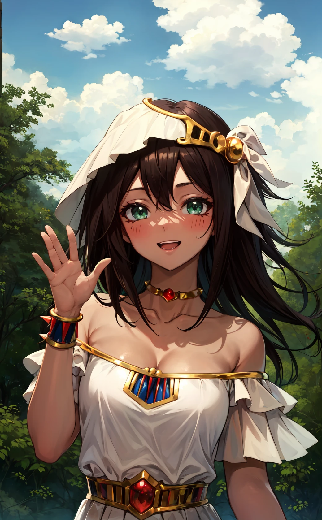 masterpiece, best quality, highres,
1girl, solo, looking at viewer, upper body, long hair, spiked hair, breasts, skirt, brown hair, green eyes, dress, cleavage, bare shoulders, jewelry, medium breasts, choker, dark skin, necklace, off shoulder, dark-skinned female, neck ring, egyptian, egyptian clothes, <lora:LoRA_Mana:1>, forest, sunlight, cloudy, waving, laughing, blush,