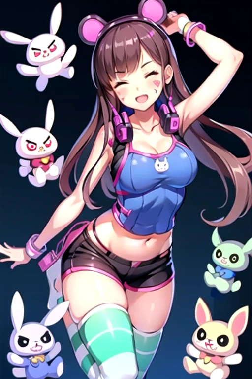 (masterpiece:1.2), best quality, masterpiece, highres, perfect lighting,1girl, :3, :x, ;d, adapted costume, animal, animal ears, animal print, animal slippers, animalization, bag, bag charm, bangs, bare shoulders, black shorts, bodysuit, breasts, brown eyes, brown hair, bunny, bunny hair ornament, bunny hood, bunny print, casual, charm \(object\), cleavage, clothed animal, collarbone, cowboy shot, d.va \(overwatch\), diaper, doll, ear bow, emblem, eyebrows visible through hair, facepaint, facial mark, fake animal ears, fingernails, fou \(fate\), gun, hair ornament, headphones, headphones around neck, holding, holding stuffed toy, jacket, kyubey, long hair, looking at viewer, mecha, medium breasts, meka \(overwatch\), midriff, monomi \(danganronpa\), mouse, navel, official alternate costume, one eye closed, open mouth, playboy bunny, pouch, rabbit ears, rabbit tail, rabbit yukine, scorbunny, shimakaze \(kancolle\), shirt, shorts, shoulder bag, skull mask, sleeveless, sleeveless shirt, smile, striped, striped legwear, stuffed animal, stuffed bunny, stuffed cat, stuffed toy, swept bangs, teddy bear, thighhighs, v, whisker markings, wings,<lora:DVA:0.7>